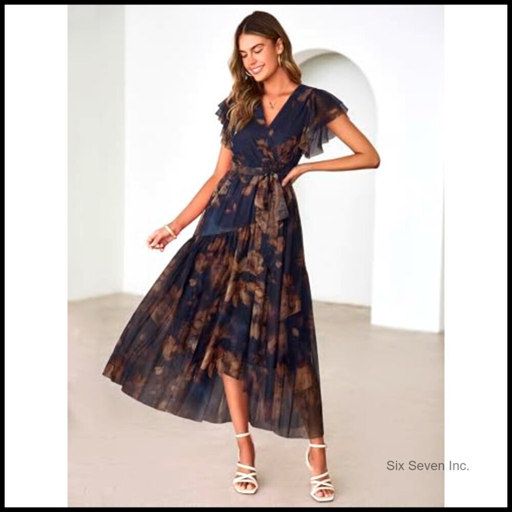 Summer Floral Maxi Dress with V-Neck Short Sleeve Belted Mesh Hem - Picture 7 of 7